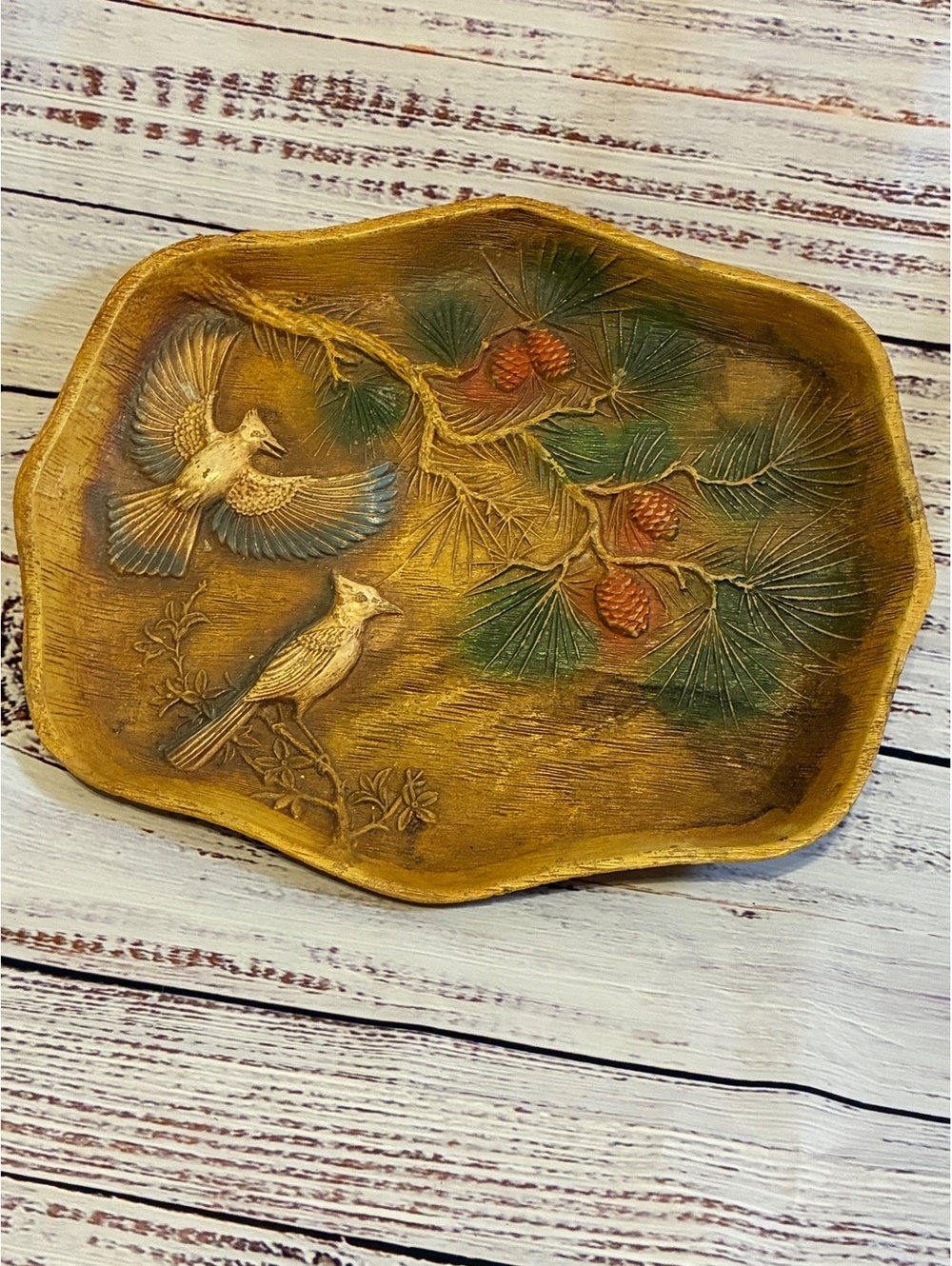 Vintage Carved Wood Tray with Birds and Pinecones